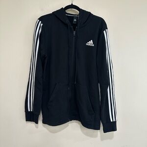 Men’s Adidas Black full zip Hoodie with White Logo. Size medium.